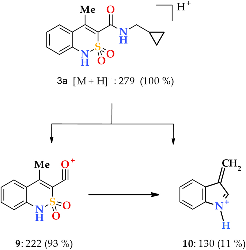 Scheme 1: 
The primary fragmentation of the N-cyclopentylamide 3a protonated molecular ion.
