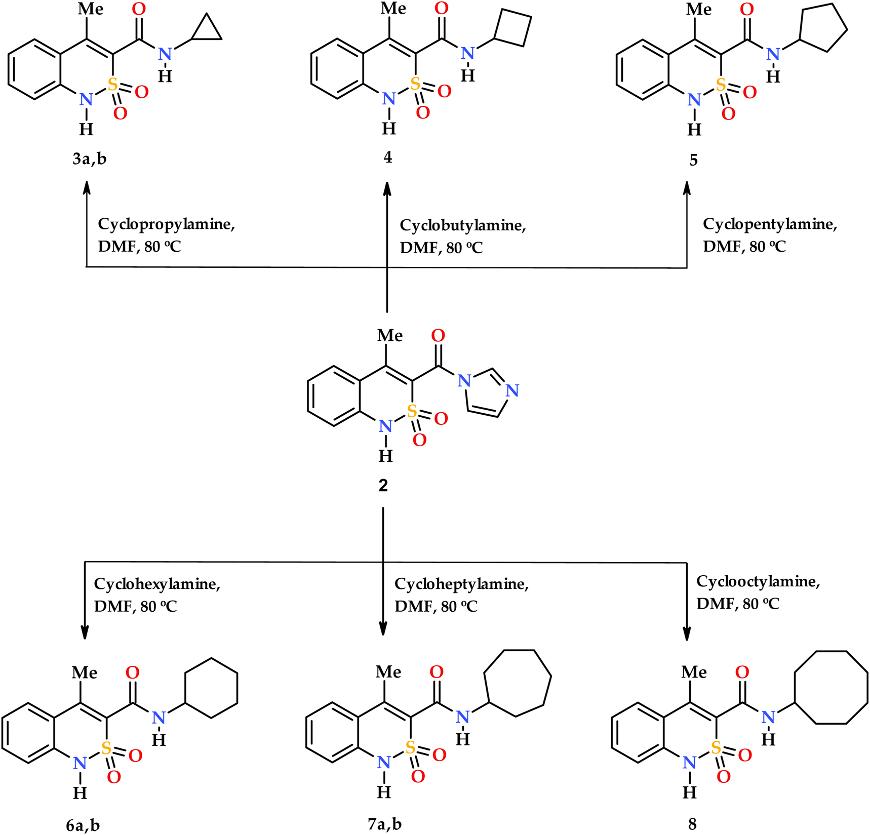 Scheme 2: 
Synthesis of N-cycloalkyl-4-methyl-2,2-dioxo-1H-2λ6,1-benzothiazine-3-carboxamides 3–8.
