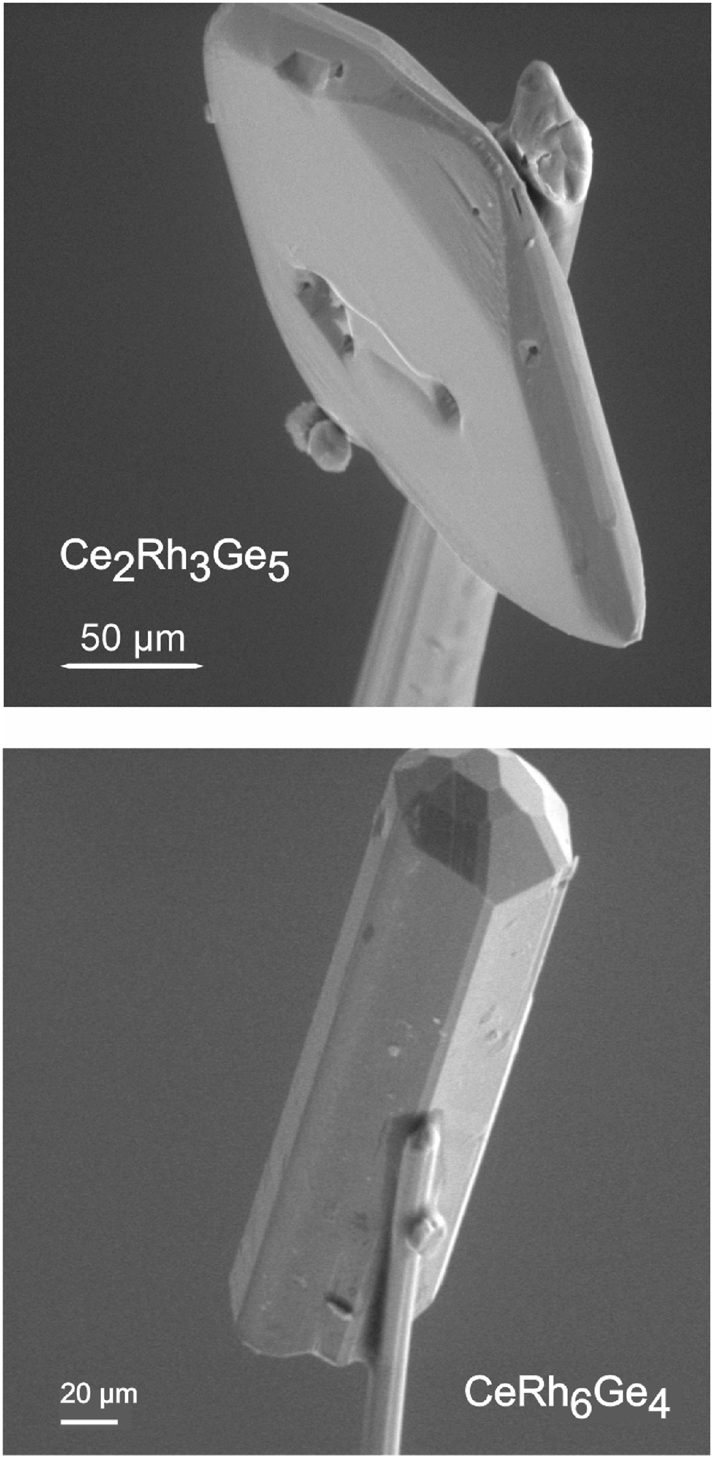 Figure 1: 
Scanning electron micrographs of bismuth flux grown single crystals of Ce2Rh3Ge5
89
 and CeRh6Ge4
88
 mounted on glass fibers.
