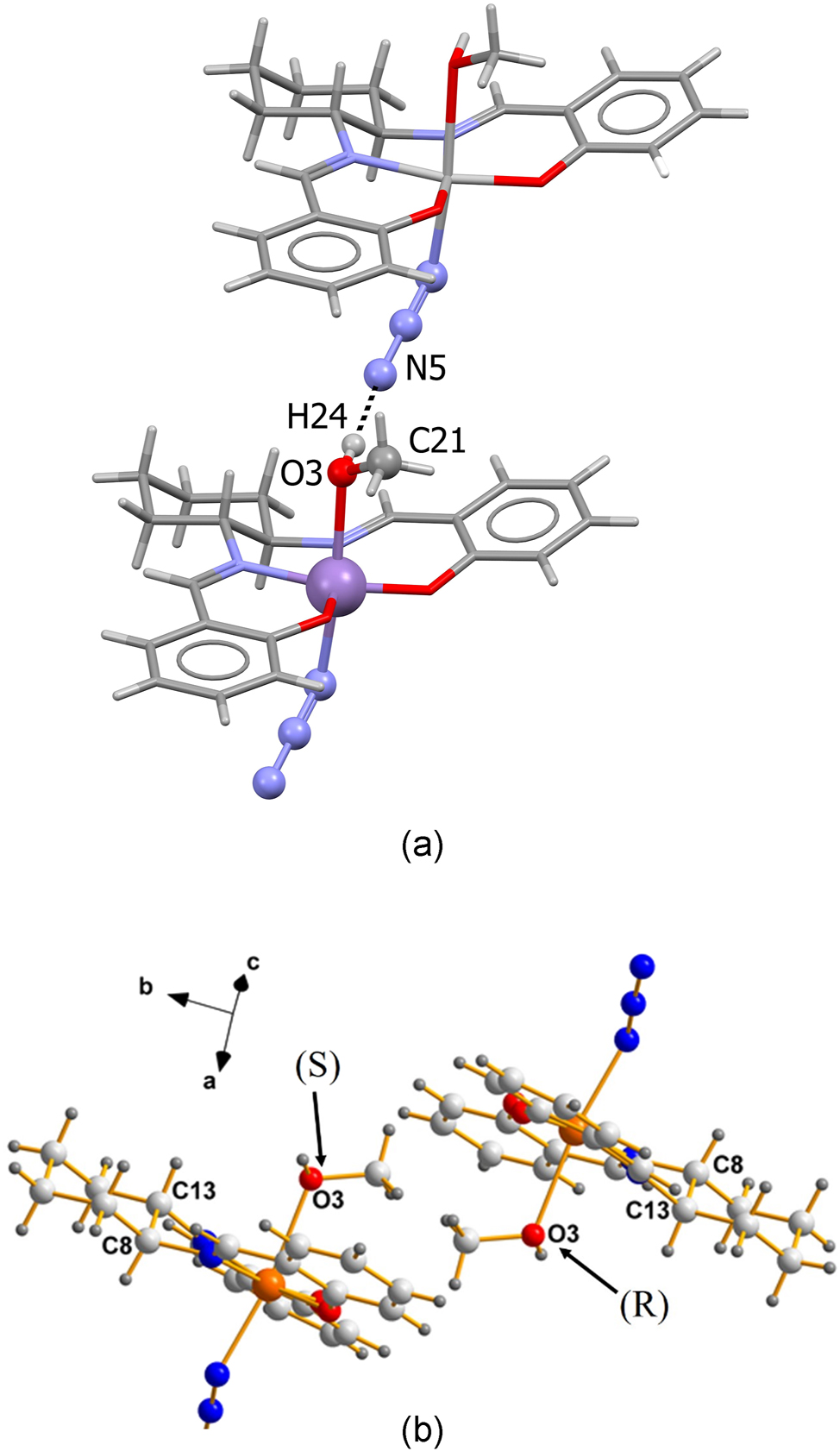 Figure 2: 
Molecules of AXUZAV (I) (a) the intermolecular hydrogen bond between H24 and N5 fixes the orientation of the lone pair of electrons on O3. (b) C8 and C13 are the chiral atoms of a racemic pair of (I). In the left image, the non-bonded pair points into the plane of the paper; thus, it is S. The one on the right points out of the paper; thus, it is R.
