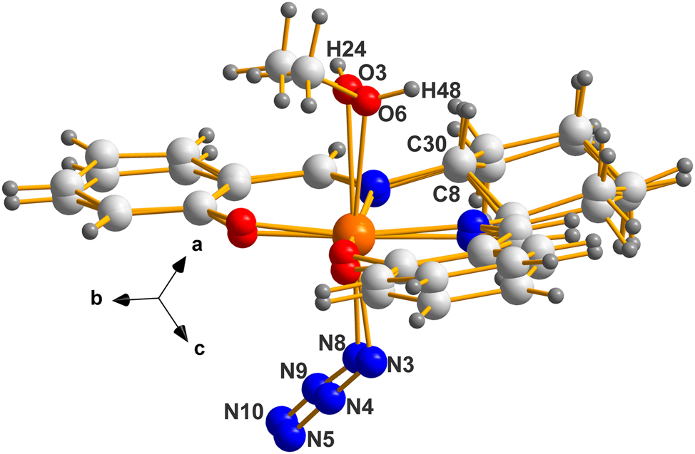 Figure 4: 
The overlay of molecule 2 on molecule 1 in the enantiomorphic version (II), using only the routine Flexible in MERCURY.
6
 Note the difference in chirality of oxygens O3 and O6 is evident here (H24 points into and H48 out of the paper) while C8 and C30 are closely overlaid.
