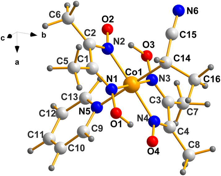 Figure 6: 
Molecular structure of one molecule of (III). Using the same ranking system as above, C14 is S. Obviously, the one belonging to Co2 is also S as demanded by the two components of the Sohncke member of a Racemic Mimic.
