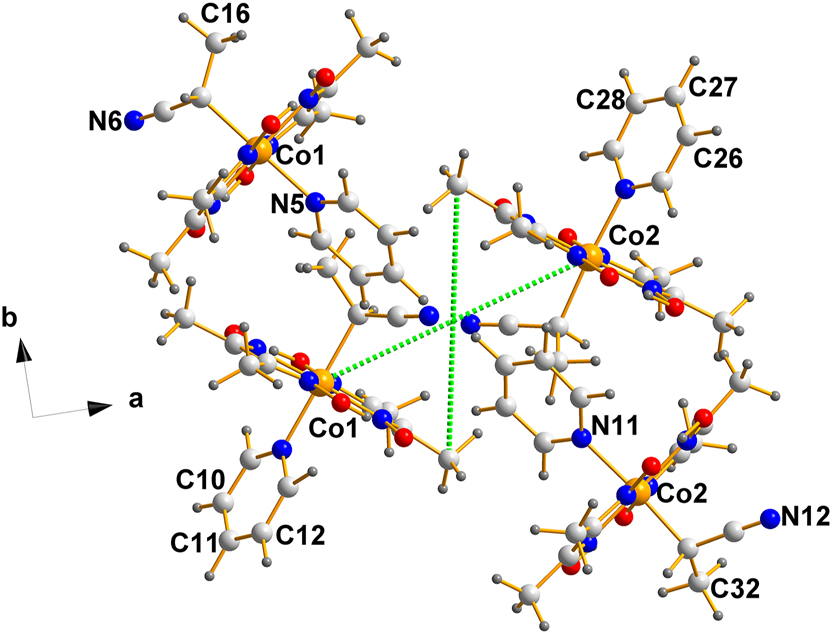 Figure 8: 
A projection down the c-axis of the unit cell of the non-centrosymmetric structure, (III). Note that they form columns with no apparent bonding connections among them or between them. The possibility of π–π stacking was explored with negative results.
