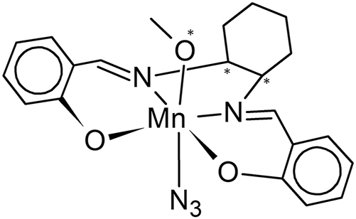 Scheme 1: 
Structural diagram of azido-methanol-((R,R)-N,N′-bis(salicylidene)-1,2-diaminocyclohexane)manganese(III) (I) with * indicating the chiral centers.
