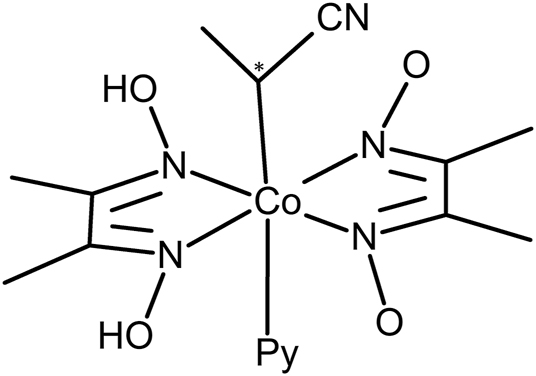 Scheme 2: 
Structural diagram of (1-cyanoethyl)-pyridine-bis(dimethylglyoximato)cobalt(III) with * indicating the chiral center.
