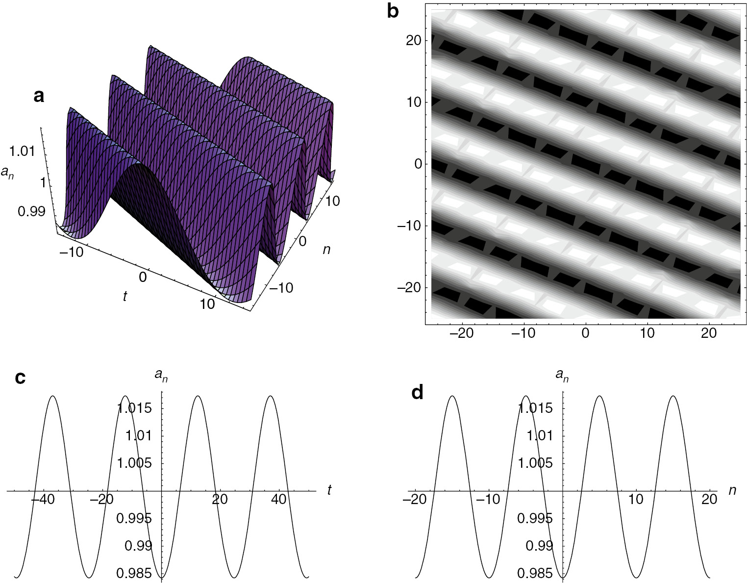 Figure 1: Quasi-periodic wave for the extended Lotka-Volterra equation (4): (a) perspective view of wave, (b) overhead view of wave, with contour plot shown, (c) along t-axis, and (d) along n-axis, where ν=0.1, k1=2, k2=1, σ=0 and τ=1.