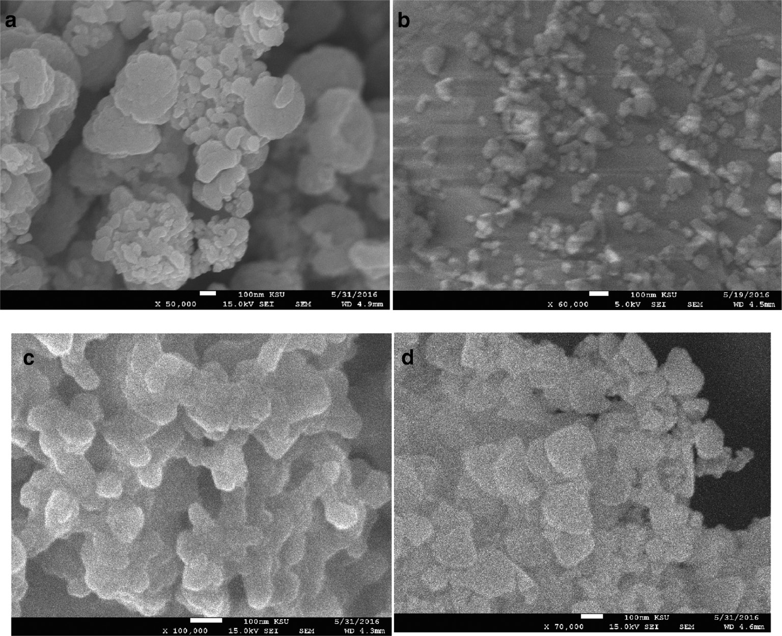 Figure 2: SEM images of (a) α-Al2O3, (b) Co/Al2O3, (c) Co/Al2O3/urea, and (d) Fe/Al2O3/urea nanoparticles.
