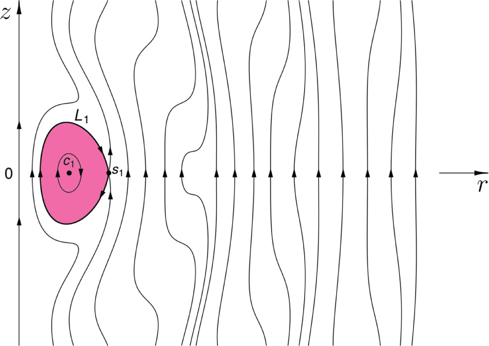 Figure 3: Poloidal contours of magnetic surfaces ψ(r,z)=const$\psi(r,z)={\text{const}}$ (16) for ξ = 0.0461. Rotation of the interio of the loop separatrix L1 around the axis z defines the maximal B,J${\mathbf{B}},{\mathbf{J}}$-invariant magnetic ring ℛ1 (pink) bounded by the B,J${\mathbf{B}},{\mathbf{J}}$-invariant torus 𝕋2=L1×𝕊1${\mathbb{T}^{2}}={L_{1}}\times{\mathbb{S}^{1}}$. All closed magnetic field lines (or magnetic knots) and all closed electric current J lines are located inside the ring ℛ1.