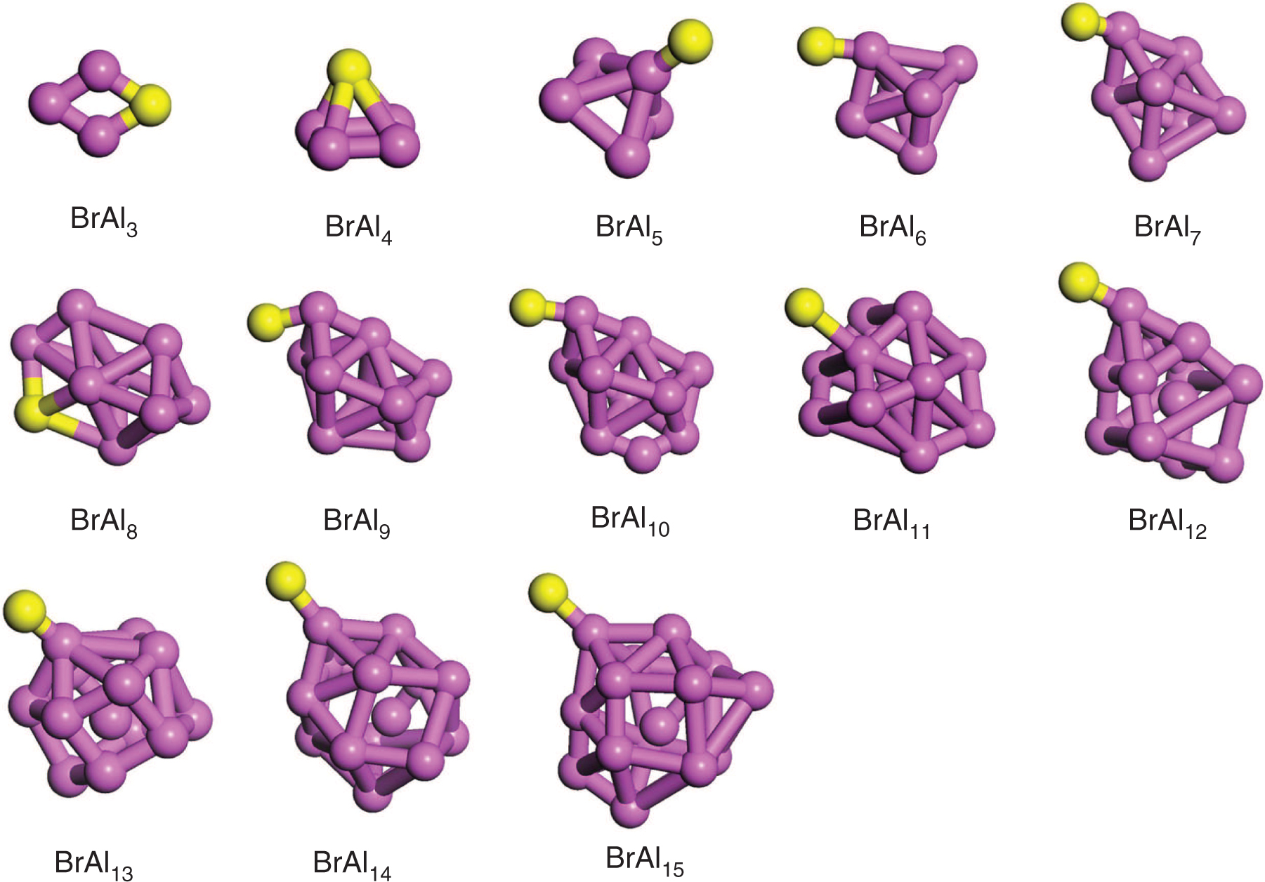 Figure 1: The ground-state structures of BrAln (n = 3–15) clusters. Purple and yellow balls represent Al and Br atoms, respectively.