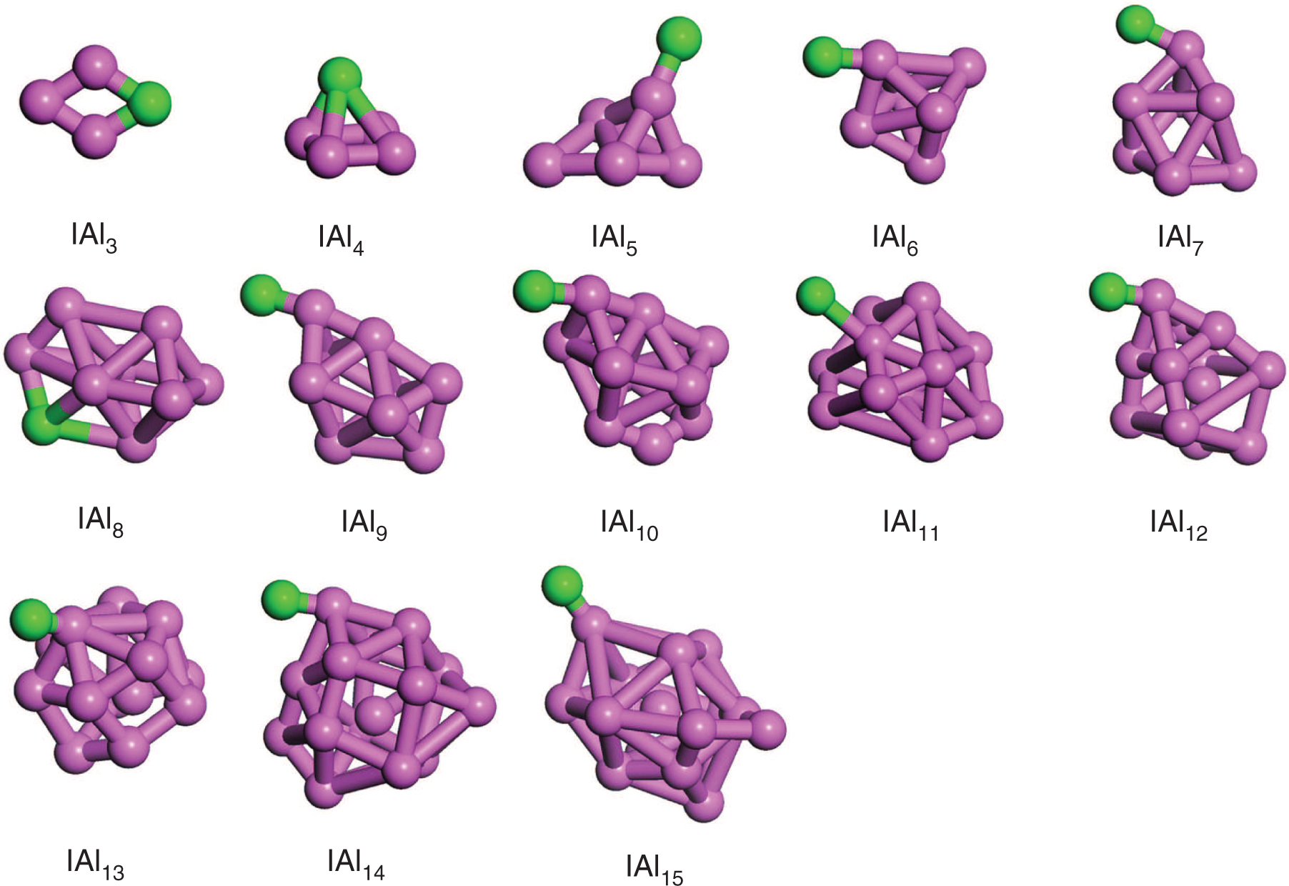 Figure 2: The ground-state structures of IAln (n = 3–15) clusters. Purple and green balls represent Al and I atoms, respectively.