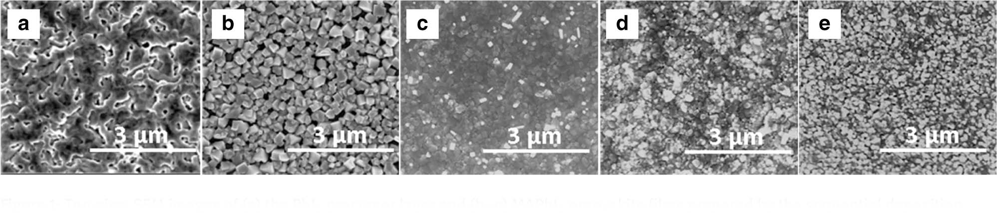 Figure 1: Top-view SEM images of (a) the PbI2 precursor layer and (b–e) MAPbI3 perovskite films prepared by the sequential deposition method. A 10 mg/mL pristine MAI/IPA conversion solution was used for (b), whereas MAI/pentan-1-ol mixtures with concentrations of (c) 12.5, (d) 10.0, and (e) 7.5 mg/mL were applied to investigate the effect of the low permittivity on the crystal growth.