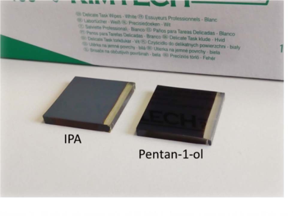 Figure 3: Digital photograph of MAPbI3 layers prepared from IPA and pentan-1-ol solvents.