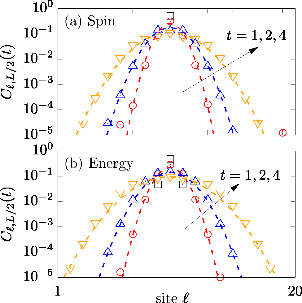 Figure 5: (Color online) Spin-spin correlation function Cℓ,L/2(t)${C}_{\ell ,L/2}\left(t\right)$ at fixed times, t=0$t=0$ (δ peak) and t=1,2,4$t=1,2,4$ (arrow), for a spin-1/2$1/2$ Heisenberg ladder of length L=20$L=20$ (i. e., 40 lattice sites), at high temperatures β=0$\beta =0$. Dashed lines are Gaussian fits to the data. Panel (a) shows spin densities, while panel (b) shows local energies. Data is adapted from Ref. [77].