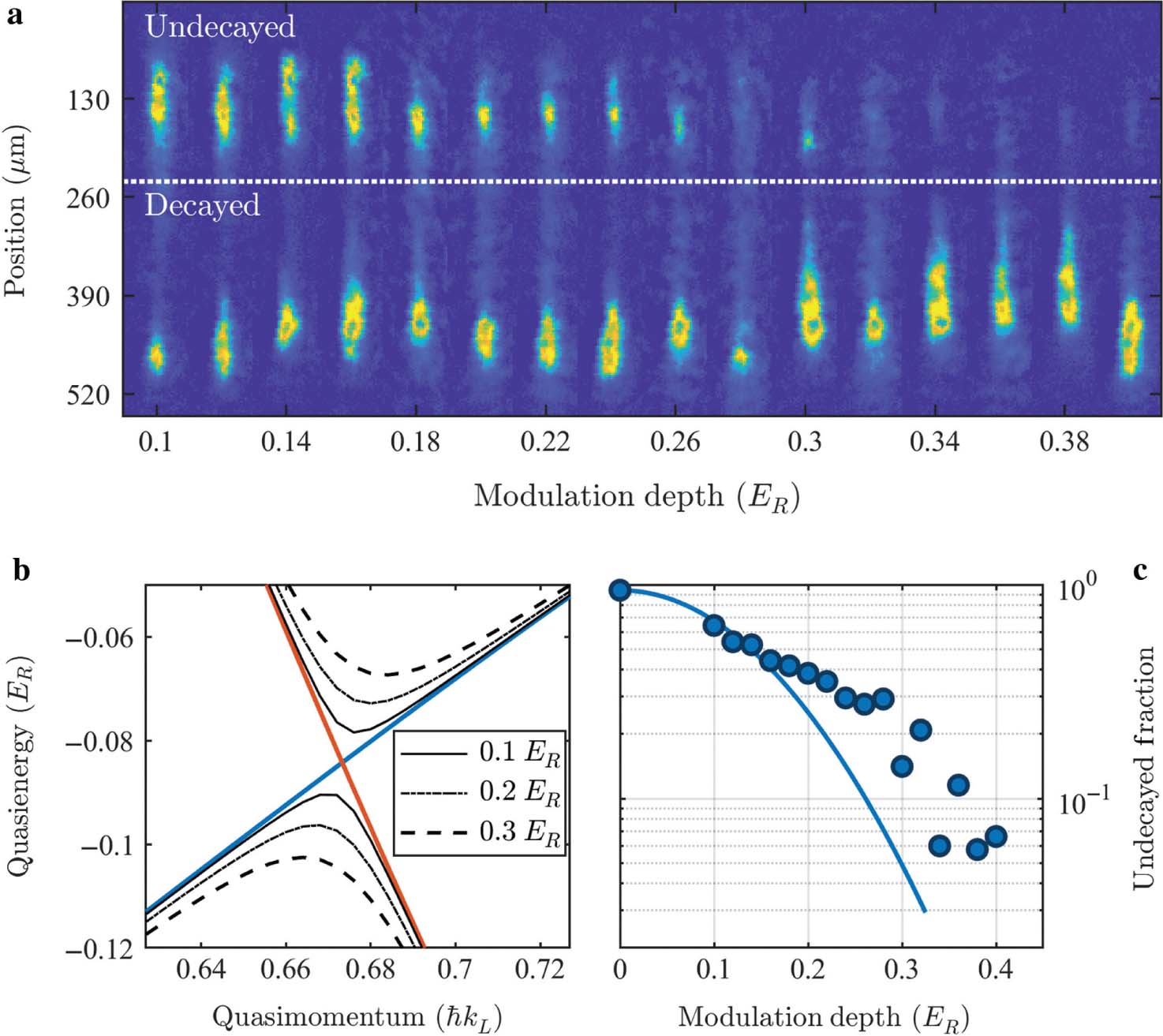 Figure 5: Experimental demonstration of Floquet-tunable decay. (a) Images of a sample of cold lithium atoms after a single Landau–Zener tunnelling event during a Bloch oscillation in a quasi-energy band. The “undecayed” upper clouds are those that remain in the ground band of the corresponding undriven system. The lattice depth is 3.5 ER, the modulation frequency is 55 kHz, and the Bloch frequency is 27.8 Hz. (b) Calculated quasi-energy band structure around the avoided crossing for different modulation depths (indicated in legend). Note the drive-tunable gap. (c) Undriven ground band fraction as a function of drive strength. Solid theory line is calculated from (5).