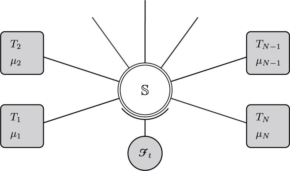 Figure 1: Sketch of the multi-terminal model for a generic mesoscopic conductor. A central scattering region, or sample, 𝕊 is connected via ideal, one-dimensional leads to N heat and particle reservoirs with temperatures T1,…,TN\({T_{1}},\ldots,{T_{N}}\) and chemical potentials μ1,…,μN\({\mu_{1}},\ldots,{\mu_{N}}\). The external driving fields ℱt\({\mathcal{F}_{t}}\) periodically change the potential inside the scattering region.