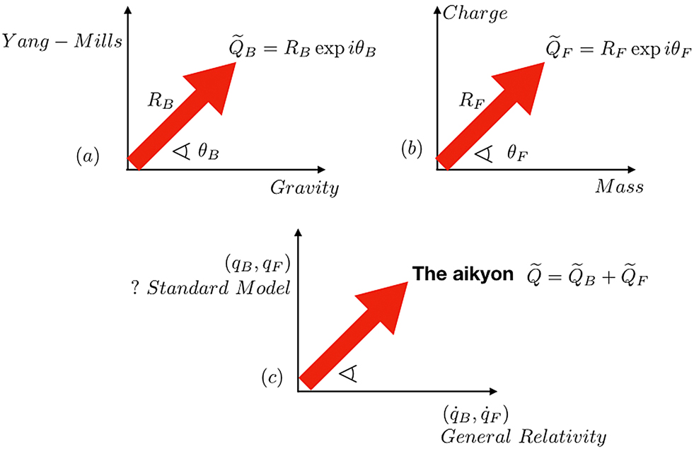 Figure 2: A second cartoon for visualising the aikyon. Figure 2a and 2b depict the aikyon amplitude and phase, as expressed in Eqn. (8). Figure 2c symbolically shows the aikyon in octonionic space: the horizontal axis represents would be spacetime in terms of the four quaternionic directions and the vertical axis represents the other four octonionic directions.