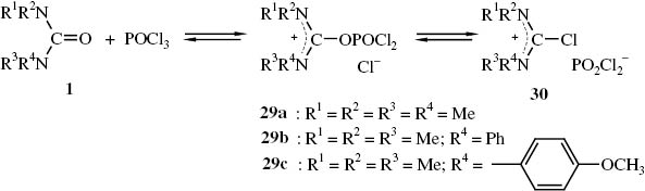 Schema 13 Iminiumsalzgemische 29/30 aus Harnstoffen 1 und Phosphorylchlorid.