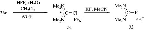 Schema 14 Halogenformamidiniumsalze 31, 32 aus dem N,N,N′,N′-Tetramethylharnstoff/POCl3-Addukt (26c) [67].