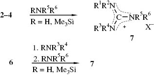 Schema 2 N,N,N′,N″-Peralkylierte Guanidiniumsalze 7 aus Iminiumsalzen 2–4, 6 und sekundären Aminen bzw. Dialkyl-trimethylsilylaminen.