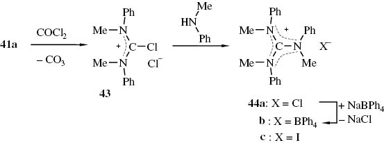 Schema 20 Darstellung der Guanidiniumsalze 44 aus dem Thioharnstoff 41a über das Chlorformamidiniumchlorid 43.