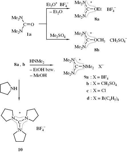 Schema 3 Darstellung von N,N-Dimethyl-alkoxy-dimethylaminomethylen-iminiumsalzen 8 und Guanidiniumsalzen 9a, b, 10.