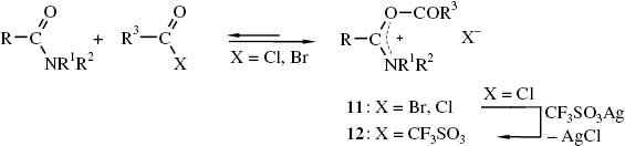 Schema 4 Acyloxyiminiumsalze 11, 12 aus N,N-Dialkyl-carbonsäureamiden und Carbonsäurehalogeniden.