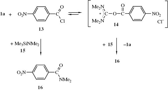 Schema 5 Addukt 14 aus N,N,N′,N′-Tetramethylharnstoff (1a) und 4-Nitrobenzoylchlorid (13) sowie dessen Umsetzung mit Dimethyl-trimethylsilylamin (15).
