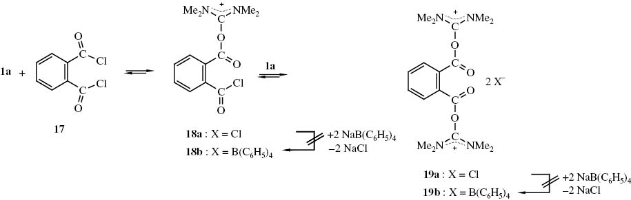 Schema 6 Möglicherweise aus N,N,N′,N′-Tetramethylharnstoff (1a) und Phthaloylchlorid (17) gebildete Addukte 18, 19.