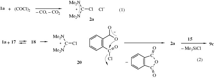 Schema 8 N,N,N′,N′-Tetramethyl-chlorformamidiniumchlorid 2a aus N,N,N′,N′-Tetramethylharnstoff (1a) und Oxalylchlorid (Gl. 1) bzw. Phthaloylchlorid 17 (Gl. 2).