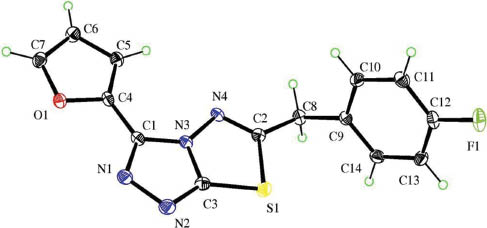 Fig. 1 Molecular structure of 6-(4-fluorobenzyl)-3-(furan-2-yl)-[1,2,4]triazolo[3,4-b][1,3,4] thiadiazole (3e) in the crystal. Displacement ellipsoids are drawn at the 50% probability level, H atoms as spheres with arbitrary radius.