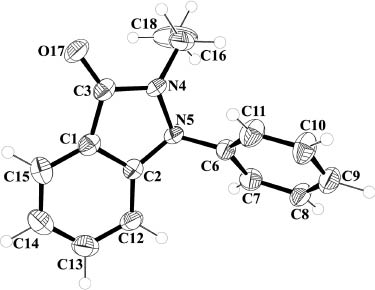 Fig. 1 Molecular structure of indazolone 8 in the solid state. Displacement ellipsoids are drawn at the 50 % probability level, H atoms as spheres with arbitrary radius.