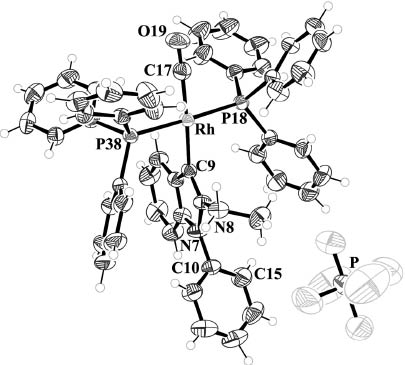 Fig. 2 Molecular structure of complex 13 in the solid state. Displacement ellipsoids are drawn at the 50 % probability level, H atoms as spheres with arbitrary radius.