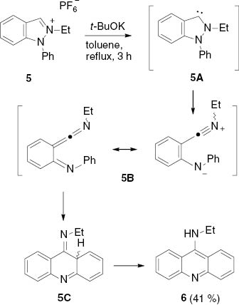 Scheme 2 Ring transformation of indazolium salt 5 to acridine 6 via the N-heterocyclic carbene of an indazole.