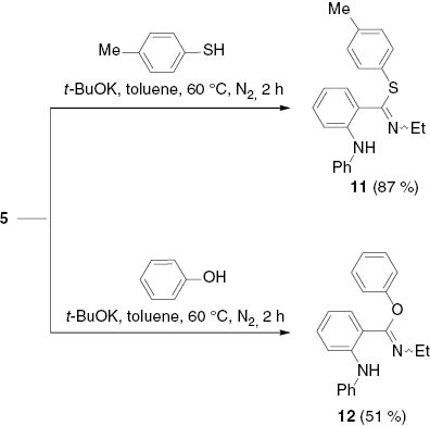 Scheme 7 Ring cleavage of indazolium salt 5 to form a benzimidate (12) and a benzthioimidate (11).