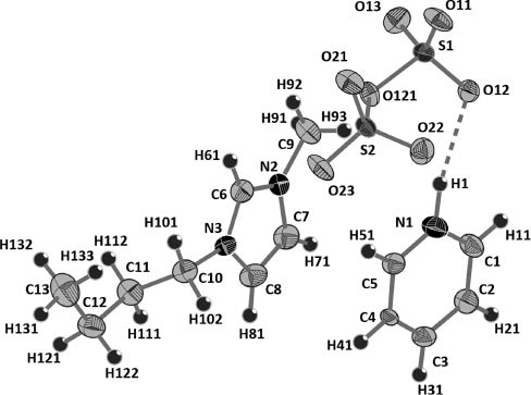Fig. 3 The asymmetric unit of [bmim][HPy][S2O7] is formed by one disulfate anion and two cations [HPy]+ and [bmim]+. A dashed line emphasizes a possible hydrogen bond. According to its distance it has to be classified as weak. The disulfate anion shows very uniform distances S–O because they are essentially undisturbed by the weakly coordinating counter cations. The displacement ellipsoids are drawn at a 75% probability level.