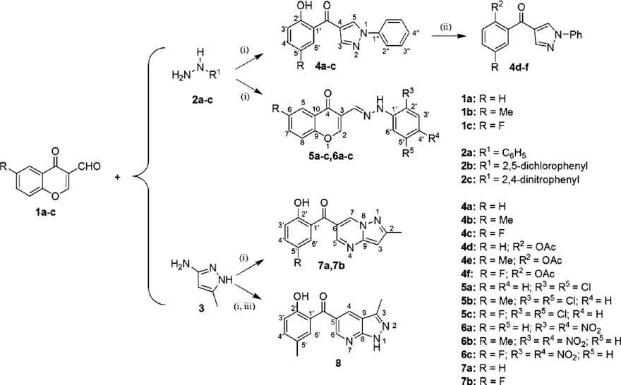 Scheme 1: Reagents and conditions: (i) THF, reflux (1–2 h); (ii) Ac2O/H2SO4, reflux (5 h); (iii) AcOH/I2, reflux (3–4 h).