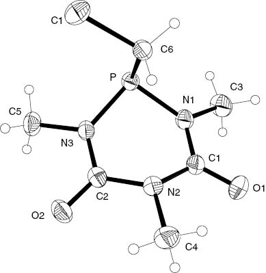 Abb. 1:  Das Molekül von Verbindung 1 im Kristall. Ellipsoide stellen 50 %-ige Aufenthaltswahrscheinlichkeit dar. Ausgewählte Bindungslängen [Å], Bindungswinkel und Torsionswinkel (°): P–N1 1.712(2), P–N3 1.717(2), P–C6 1.848(2); N1–P–N3 97.3(1), N1–P–C6 99.5(1), N3–P–C6 100.2(1); N1–P–C6–Cl –70.6(1).