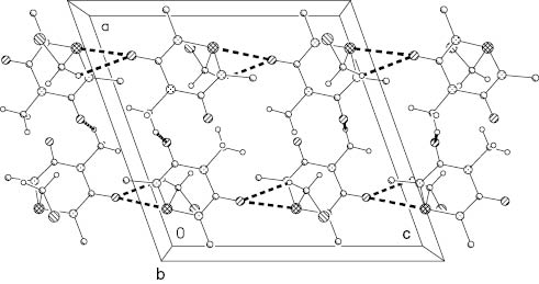 Abb. 2: Packungsbild der Verbindung 1 mit Blickrichtung parallel zur b-Achse. Dicke gestrichene Linien stellen intermolekulare Kontakte dar (s. Text). H-Atome, die an den Kontakten nicht beteiligt sind, sind weggelassen.