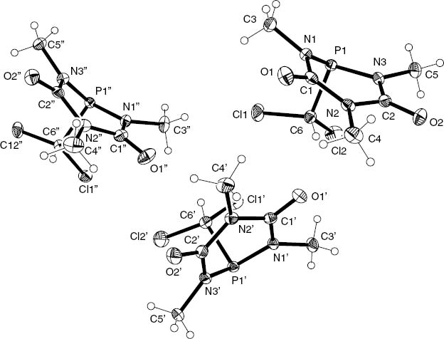 Abb. 3: Die drei unabhängigen Moleküle von Verbindung 2 im Kristall. Ellipsoide stellen 30 %-ige Aufenthaltswahrscheinlichkeit dar. Bindungslängen am Phosphor (Å): P1–N1 1.692(3), P1–N3 1.696(3), P1–C6 1.859(3), P1′–N1′ 1.696(3), P1′–N3′ 1.693(3), P1′–C6′ 1.864(3), P1″–N1″ 1.691(3), P1″–N3″ 1.701(3), P1″–C6″ 1.863(3).