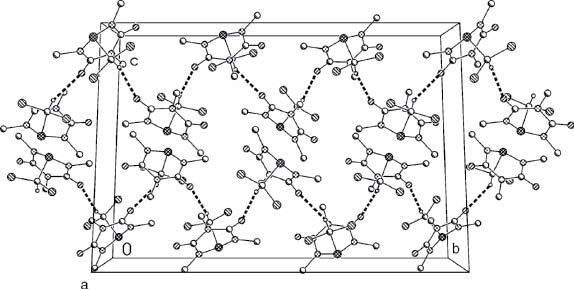Abb. 4: Packungsbild von Verbindung 2 mit Blickrichtung parallel zur a-Achse. Dicke gestrichene Linien stellen intermolekulare C–H…O-Kontakte dar. H-Atome, die an den Kontakten nicht beteiligt sind, sind weggelassen.