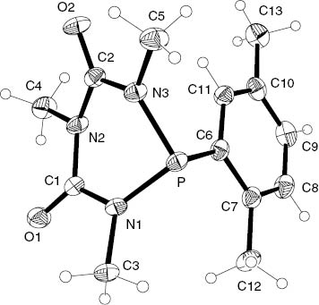 Abb. 5: Das Molekül von Verbindung 4 im Kristall. Ellipsoide stellen 50 %-ige Aufenthaltswahrscheinlichkeit dar. Bindungslängen am Phosphor (Å): P–N1 1.707(2), P–N3 1.707(2), P–C6 1.840(3). Torsionswinkel: N3–P–C6–C7 –173.1(2)°.