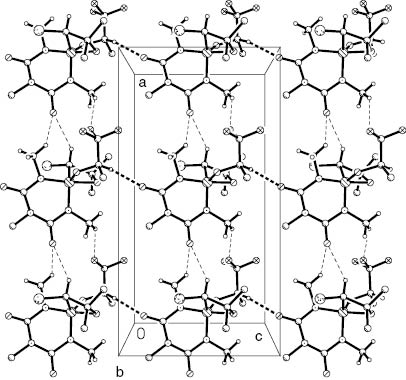 Abb. 7: Packungsbild von Verbindung 20 mit Blickrichtung parallel zur b-Achse im Bereich y ≈ 0.25. Gestrichene Linien stellen intermolekulare Kontakte dar (dick: H10…O2; dünn: andere; s. Text). H- sowie F-Atome, die an den Kontakten nicht beteiligt sind, sind weggelassen.