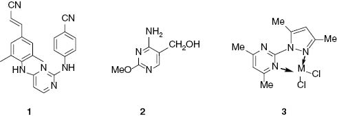 Fig. 1: Chemical structures of rilpivirine (1), bacimethrin (2) and [M(pyrimidinyl-pyrazole)Cl2] [M=Pt, Ru(Cl)] complexes (3).