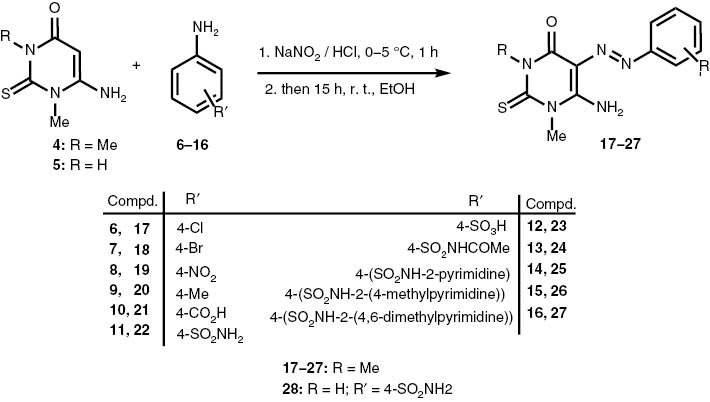 Scheme 1: Synthesis of the 6-amino-5-aryl-diazenyl-N1,N3-dimethyl-2-thioxo-pyrimidin-4-one derivatives (17–27) and of the N1-methyl analog (28).