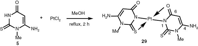 Scheme 2: Synthesis of the bis(4-amino-N3-methyl-6-oxo-2-thioxo-pyrimidin-1-yl)platinum(II) complex [Pt(ThPyrm)2] (29).
