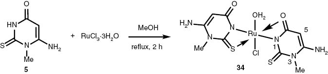 Scheme 4: Synthesis of the bis(4-amino-N1-methyl-6-oxo-2-thioxo-pyrimidine)RuCl·H2O complex [(AMThPyrm)2RuCl·H2O] (34).