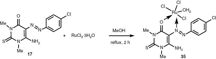 Scheme 5: Synthesis of the [6-amino-5-((4-chlrophenyl)diazenyl)-N1,N3-dimethyl-2-thioxo-pyrimidin-4-one)Ru(III)Cl3·H2O complex [(AzPyrm-Cl)RuCl3·H2O] (34).