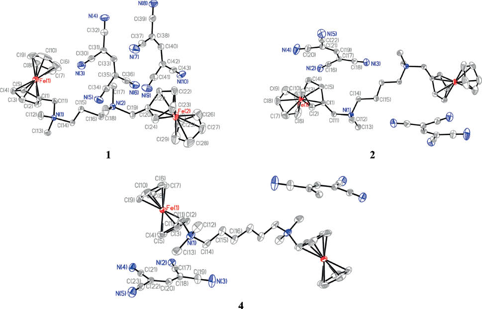 Fig. 1: The Ortep views of 1, 2, and 4, with the atoms being partly labeled (displacement elipsoids at the 30 % probability level).