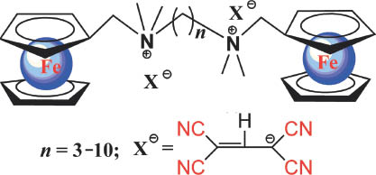 Scheme 1: Molecular structure of N,N′-bis[(ferrocenylmethyl)dimethyl]alkylene-diammonium 1,1,3,3-tetracyanopropenides.