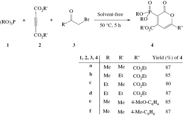 Scheme 1: Synthesis of phosphoryl-2-oxo-2H-pyrans 4.